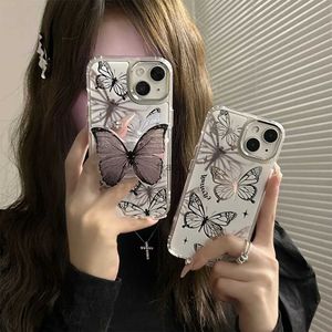 Étuis de téléphone portable Corée ins mignon 3D papillon porte-bague support plaqué miroir étui de téléphone pour iphone 12 13 14 Pro Max 14 13 Kawaii couverture arrière H240326