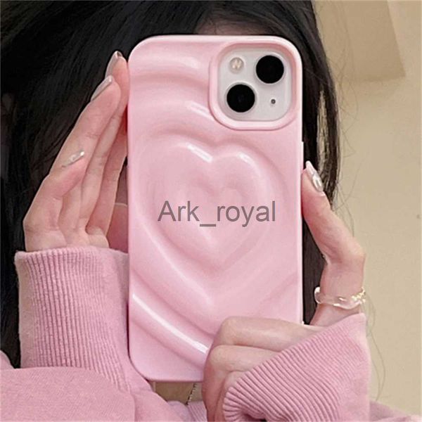 Coques de téléphone portable Corée INS mignon 3D amour coeur plis rose fille étui souple pour iPhone 14 Pro Max 13 12 11 couleur unie silicone antichoc couverture arrière J231110