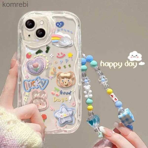 Étuis de téléphone portable Coréen 3D Bear Hang Phone Chain Lanyard Clear Soft Case pour iPhone 15 14 Pro Max 11 13 12 Mini XR 6 8 7 Plus X XS SE Cute CoverL240110