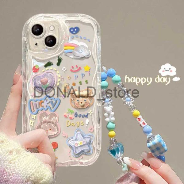 Cas de téléphone portable Coréen 3D Bear Hang Phone Chain Lanyard Clear Soft Case pour iPhone 15 14 Pro Max 11 13 12 Mini XR 6 8 7 Plus X XS SE Couverture mignonne J231206