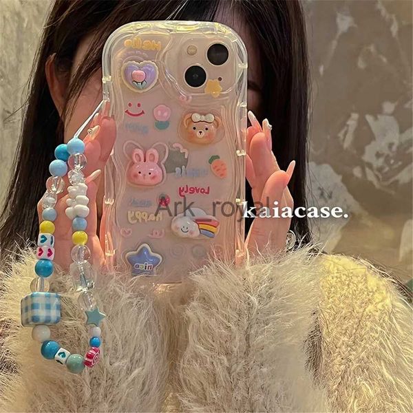 Cajas de teléfonos celulares Coreano 3D Bear Hang Phone Chain Lanyard Clear Soft Case para iPhone 15 11 14 Pro Max 12 13 XR XS X 7 8 Plus SE Luxury Cute Cover J231110