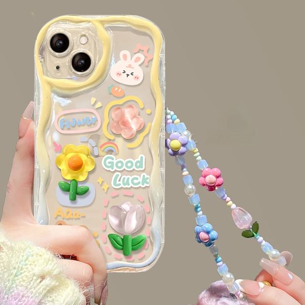 Étuis de téléphone portable coréen 3D ours lapin fleur chaîne de téléphone dentelle transparente étui souple iPhone 15 11 14 Pro Max 12 13 Pro Max luxe mignon couverture 231026