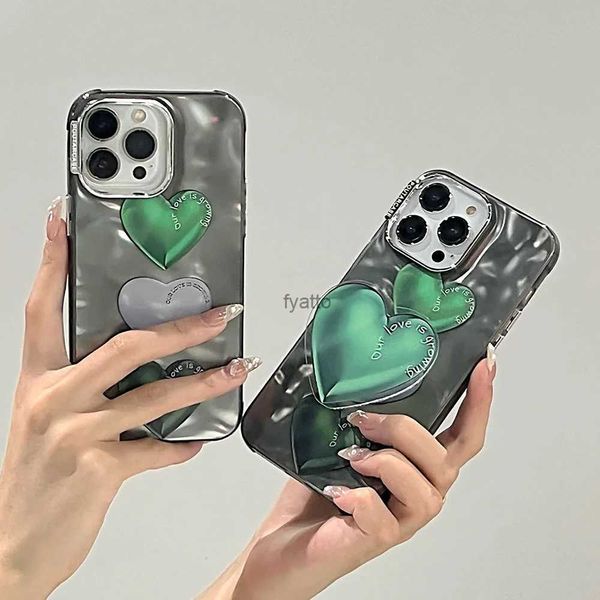 Étuis de téléphone portable coréen 3D mignon ondulation d'eau vert coeur d'amour + support support de bague support étui de téléphone souple pour iPhone 11 14 Pro Max 12 Pro 13 couverture H240326