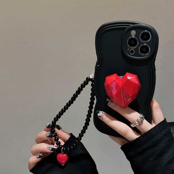 Étuis pour téléphones portables Coréen 3D Love Heart support Bracelet Chaîne Black Wave Phone Case pour iPhone 14 13 12 11 Pro XS Max X XR Kawaii Cover avec Strap Z0316