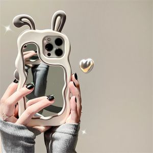 Cas de téléphone portable Coréen 3D Lapin Oreille Miroir Maquillage Cas Pour iPhone 11 13 12 14 Pro Max XR XS 7 8 Plus Mignon Couverture En Silicone Antichoc 231021