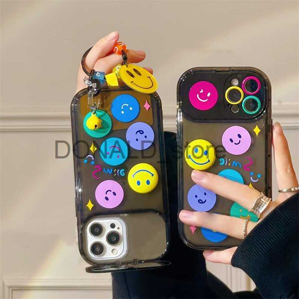 Estuches para teléfonos celulares Dibujos animados coreanos Espejo lindo Divertido Smiley Llavero Estuche suave transparente para iPhone 14 14Pro 13 12 11 Pro Max XR Cubierta de protección de lente J230620