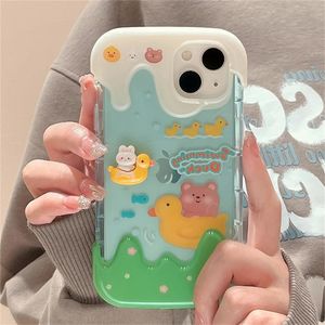 Cas de téléphone portable Coréen Mignon 3D Bear Rabbit Case pour iPhone 14 13 12 11 Pro Max X XR 7 8 Plus Belle couverture arrière souple antichoc transparente 231021
