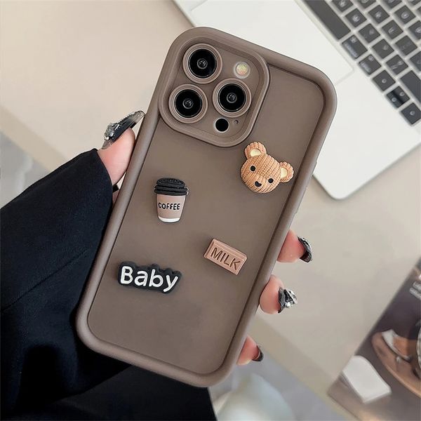 Cas de téléphone portable Coréen Mignon 3D Dessin animé Ours Café Silicone Étui souple pour iPhone 15 14 Pro Max 13 12 11 X XS XR 7 8 Plus Couverture antichoc 231021