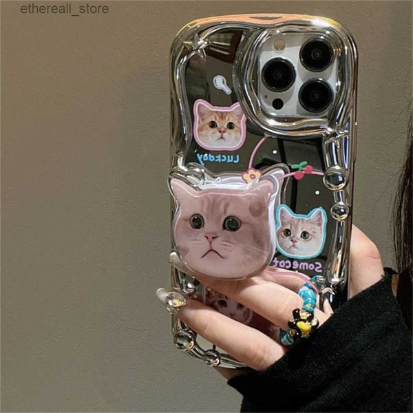 Cajas de teléfonos celulares Coreano lindo 3D Cat Soporte Star Plating Soft Phone Case para iPhone 15 14 13 12 11 Pro Max X XS XR Lovely Kitten Cubierta a prueba de golpes Q231130