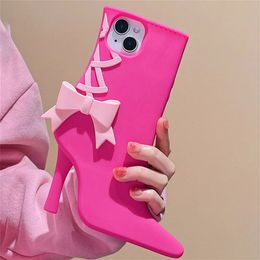 Cas de téléphone portable Coréen mignon 3D rose talons hauts étui en silicone pour iPhone 14 13 12 11 Pro Max belle bande dessinée antichoc couverture souple Funda 231010