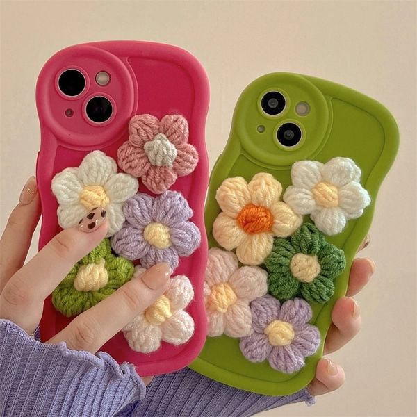 Mobiele telefoon hoesjes Koreaans schattig 3D pluche bloemen golvend vloeibaar siliconen zacht hoesje voor iPhone 14 Pro 13 12 11 Max XS XR X 8 7 Plus SE 2022 Cover 231021