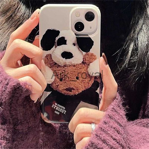 Cas de téléphone portable Coréen Mignon Ours Chien Couple Téléphone Pour iPhone 15 14 13 12 11 Pro Max Mini X XR 7 8 Plus SE 3 Brillant Antichoc Couverture Souple J231110