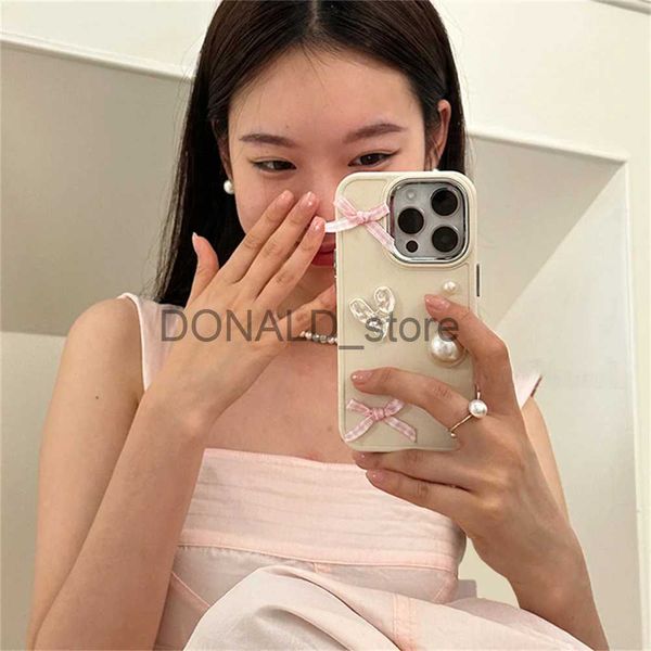 Étuis de téléphone portable Coréen Mignon Big Pearl 3D Laser Love Heart Pink Bow Phone Case pour iPhone 15 14 13 12 11 ProMax XR Couverture de protection de lentille de placage J240118