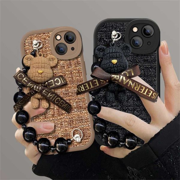 Cas de téléphone portable coréen mignon dessin animé 3D Bourse d'ours avec coque souple à carreaux en laine adaptée à l'iPhone 15 14 13 12 Pro Max 11 x XS XR Couverture de protection de l'objectif J240509