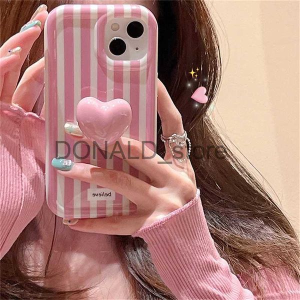 Étuis de téléphone portable Coréen mignon céramique amour coeur support rose rayures téléphone étui pour iPhone 14 13 12 11 Pro Max belle couverture souple antichoc Funda J240118