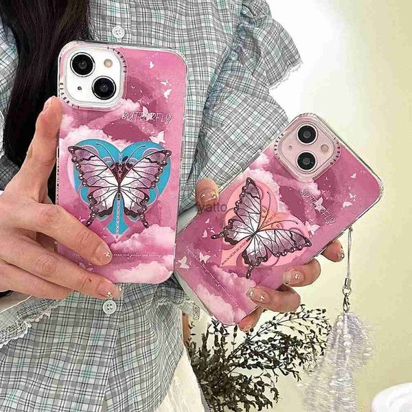 Étuis de téléphone portable Coréen mignon coloré rêve violet motif papillon bracelet silicone téléphone étui pour iPhone 15 14 13 12 Pro Max 14 15 Pro Cover H240326