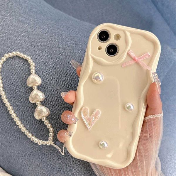 Casos de teléfonos celulares Corea Corea Láser Heart Pink Bow Pearl Cream Wave Case para iPhone 15 14 13 12 11 Pro Max Soild Color Silicone Soft Cover J240418