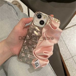 Cajas de teléfonos celulares Coreano lindo rosa pulsera de seda floral arco electrochapado caso para iPhone 15 14 13 12 11 Pro Max pulsera a prueba de golpes cubierta suave J231206