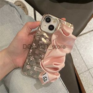 Cas de téléphone portable Coréen Mignon Rose Soie Bracelet Floral Bow Cas Galvanisé Pour iPhone 15 14 13 12 11 Pro Max Bracelet Antichoc Couverture Souple J231206