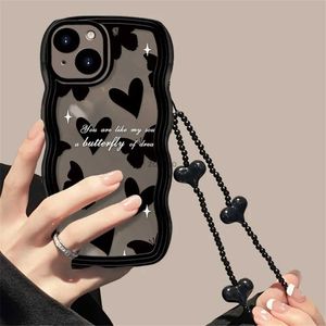 Mobiele Telefoon Gevallen Koreaanse Leuke Golf Zwarte Vlinder Liefde Hart Hang Chain Zachte Case Voor iPhone 15 14 Pro Max 12 13 11 X XS XR 7 8 Plus Clear CoverL240105