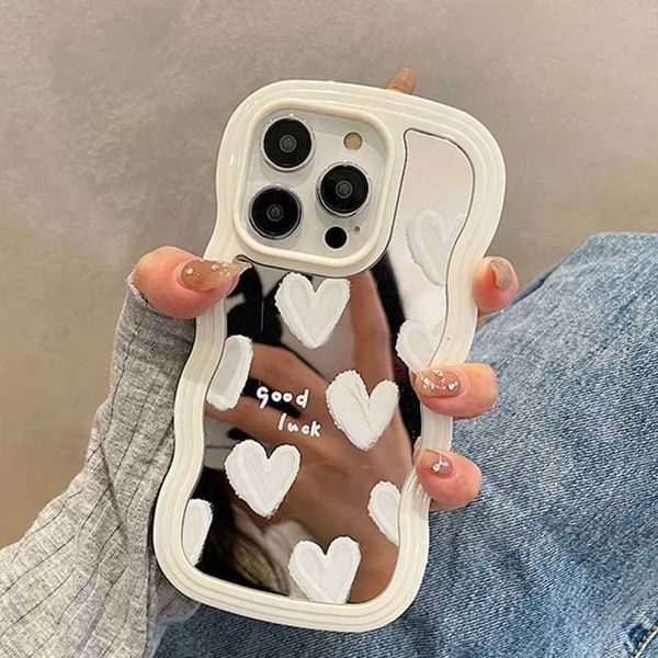Cas de téléphone portable Boîte de miroir de maquillage en forme de cœur mignon coréen blanc iPhone 14 15 Pro Max 13 11 12 14 plus