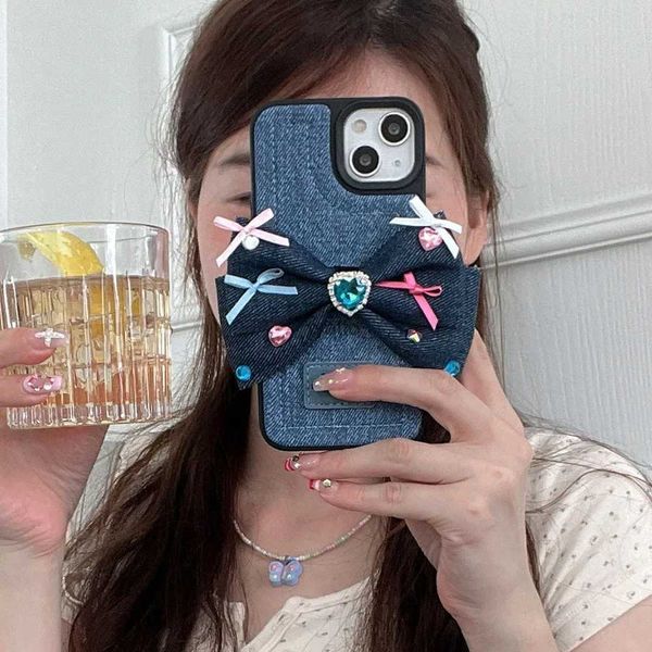 Cajas de teléfonos celulares Coreano lindo Y2K dulce fresco picante chica denim arco funda de silicona para iPhone 14 13 12 Pro Max 11 encantadora cubierta suave a prueba de golpes Capa H240326