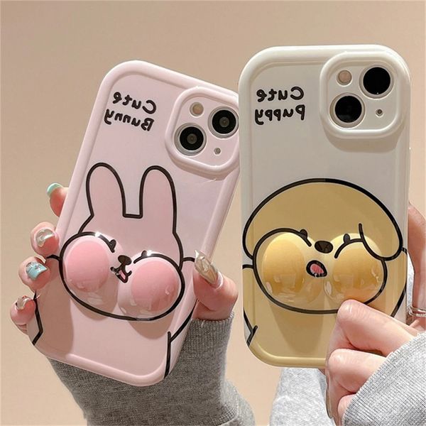Cas de téléphone portable Coréen Funny Elastic Puff 3D Bunny Case pour iPhone 14 13 12 11 Pro Max X XS XR 7 8 Plus SE 3 Couple Couverture antichoc souple 231021