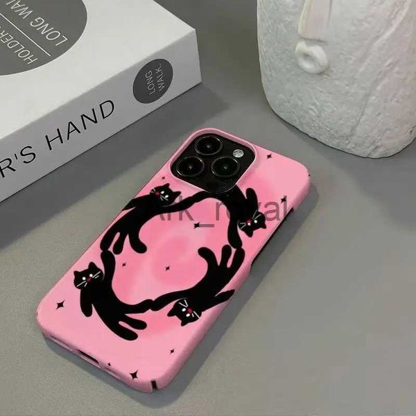 Cajas del teléfono celular coreano INS dibujos animados bailando gato fondo rosa caso para iPhone 15 14 13 Pro Max 12 Mini 11 Pro Plus cubierta ultra delgada a prueba de golpes J231110