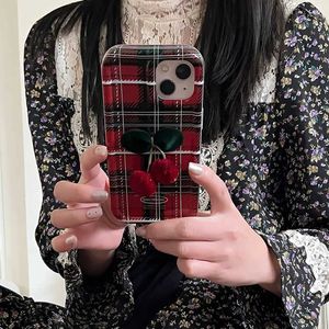 Étuis de téléphone portable Coréen Japon 3D Cadre photo Grille + Pendentif Cerise Étui de téléphone pour iPhone 13 15 Pro Max 12 14 Pro 11 Girl Gift Cute Silicone Cover H240326