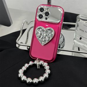 Mobiele telefoon hoesjes Koreaanse beplating Hang ronde armband Groot raamhoesje voor iPhone 13 Pro Max 14 Plus 12 11 Diamond Heart Spiegelhouder Cover 231021