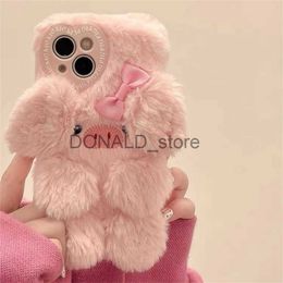 Cajas del teléfono celular de la felpa coreana 3D Pink Bow Pig Soft Phone Case para iPhone 14 13 Pro Max 12 Pro 11 Linda cubierta de protección peluda J231206
