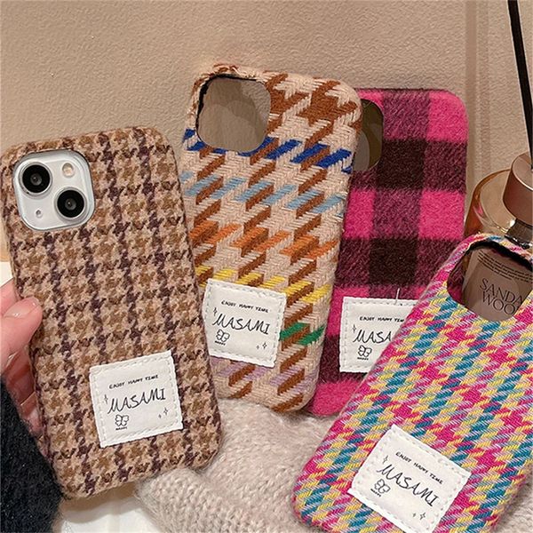 Cajas de teléfonos celulares Coreano con estilo Houndstooth Winter Warm Case para iPhone 15 14 13 12 Pro Max 11 Mujeres Lana a prueba de golpes Soft Back Cover 231021