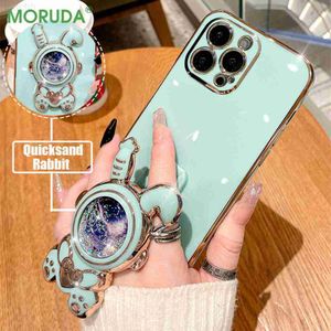 Étuis de téléphone portable Lucky Rabbit Love Quicksand Stand Placage Case pour iPhone 11 12 13 14 Pro Max Mini X XR XS Max 7 8 Plus Couverture de support pliable mignonne L230731