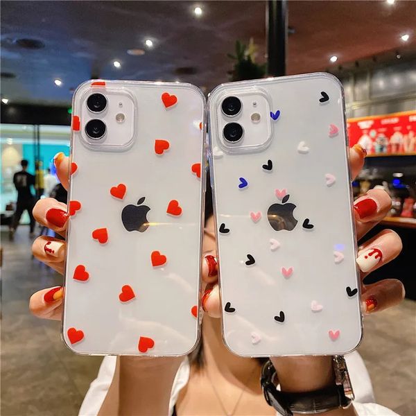 Cas de téléphone portable LUPWAY Case pour iPhone 11 Pro Max 12 13 Mini 7 8Plus X XR XS Transparent Mignon Dessin Animé Amour Coeur Doux TPU Couverture Mobile 231021