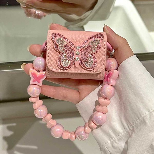 Étuis de téléphone portable Étui d'écouteur de motif de papillon de diamant 3D de luxe pour Airpods 1 2 3 Pro 2 Bouton de protection en cuir avec pendentif en perles