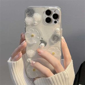 Mobiele telefoons Luxe 3D Rose Flower Pearl Glitter Epoxy Soft Phone Case voor telefoon 15 14 Pro Max 13 12 11 Plus Clear Silicone Shockproof Cover