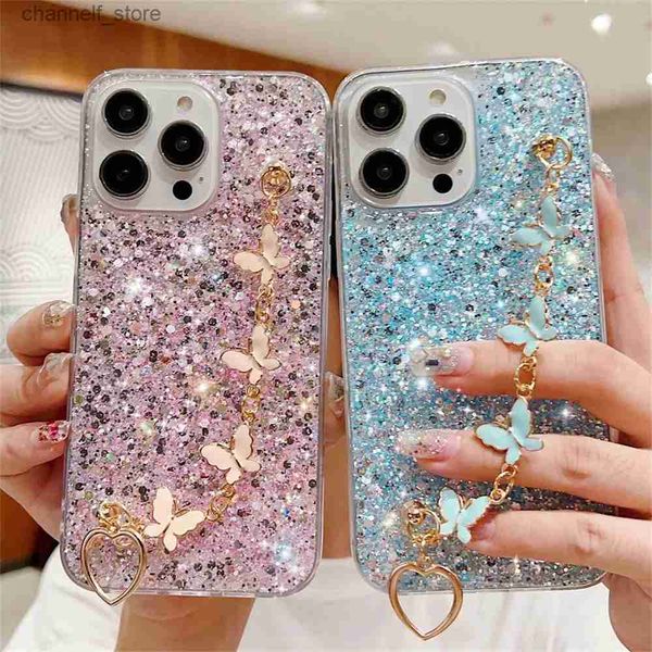 Étuis de téléphone portable Étui de luxe à paillettes papillon pour iPhone 15 Pro Case iPhone 11 12 13 14 Pro Max X XS XR 7 8 15 Plus SE Hang Chain Lanyard CoverY240325