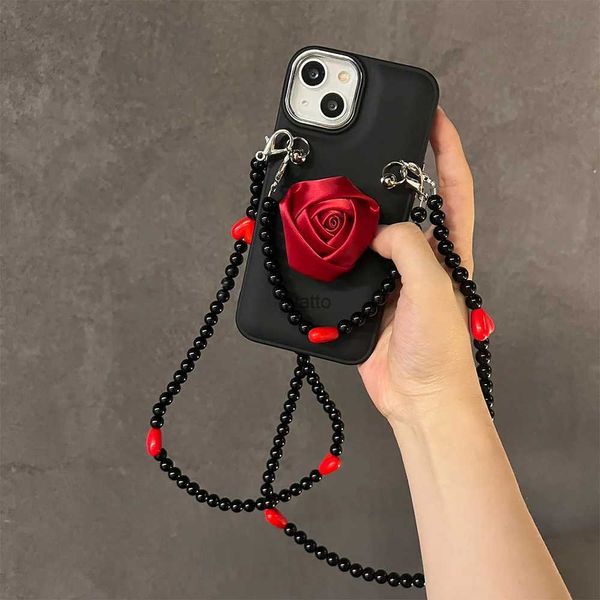 Cajas de teléfonos celulares Collar de crossbody de lujo Lanyard Rose Soporte + Cadena de corazón de amor Funda suave para iPhone 13 Pro Max 14 12 11 Cubierta suave a prueba de golpes H240326