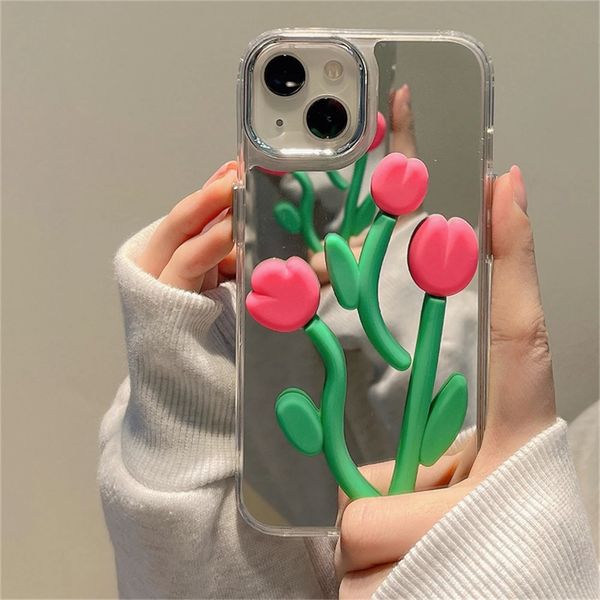 Cas de téléphone portable Luxe mignon dessin animé 3D rose tulipe fleur argent miroir étui souple pour iPhone 11 14 Pro Max Plus 12 13 couverture en silicone 231021