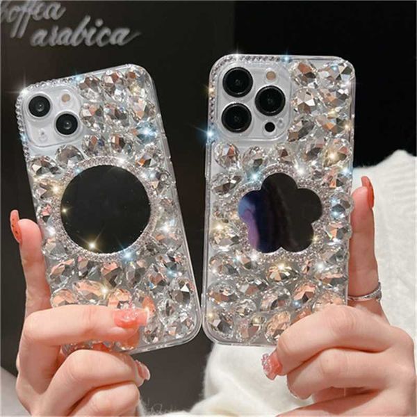 Estuches para teléfonos celulares Luxury Diamond Crystal Make Up Mirror Bracket Estuche para teléfono suave para iPhone 13 Pro Max 12 11 XR X XS 7 8 Plus SE 3 Cubierta protectora L230731