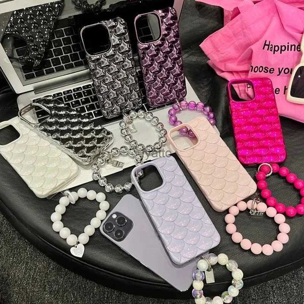 Étuis de téléphone portable Écailles de poisson de galvanoplastie de luxe avec bracelet de perles Étuis de téléphone pour iPhone 11 12 13 14 Pro MAX Coque arrière en silicone souple H240326