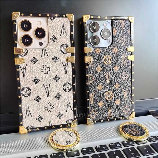 Cas de téléphone portable Couverture de motif géométrique de luxe Vintage Flower Square Cuir Case pour iPhone 15 PRO MAX 14 11 12 13 X XS XR 7 8 PLUS 2442