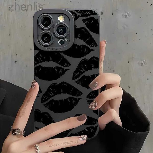 Caisses de téléphone portable Luxury Gothic Style Kiss Imprimer des étuis pour iPhone 11 13 12 14 15 Pro Max Plus Black Lip Matte Couvre en silicone soupface.