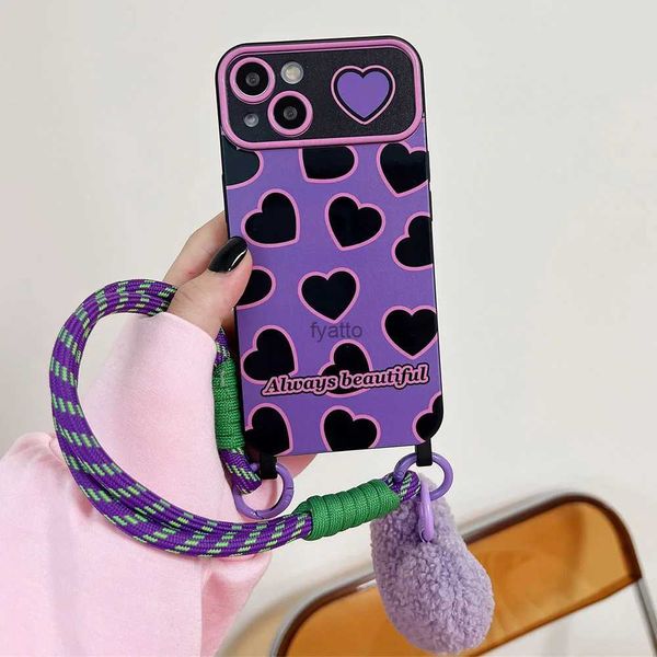 Cas de téléphone portable Luxe Corée Solide Couleur Anti-perte Dragonne Noir Coeur Simple Pour iPhone 15 14 13 12 Pro Max 11 Couverture avec pendentif coeur H240326