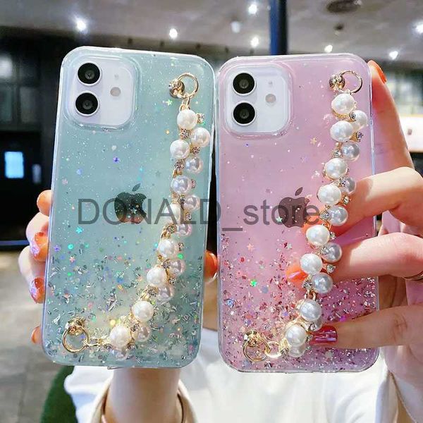 Estuches para teléfonos celulares Pulsera de perlas de lujo Estuche suave para iPhone 13 14 12 Pro Max mini 11 XS X XR 6 7 8 Plus Funda de silicona transparente con brillo J230719 J230719