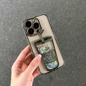 Étuis de téléphone portable Placage de luxe Bubble Tea Glitter Quicksand Case pour iPhone 11 12 14 13 Pro 14pro Max Film d'objectif de caméra Couverture de protection transparente L230731