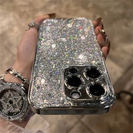 Cas de téléphone portable Cadre de placage de luxe Bling Glitter Glitter Glitter Brillant pour iPhone 14 13 12 11 Pro Max Objectif de protection antichoc Couverture arrière 231021