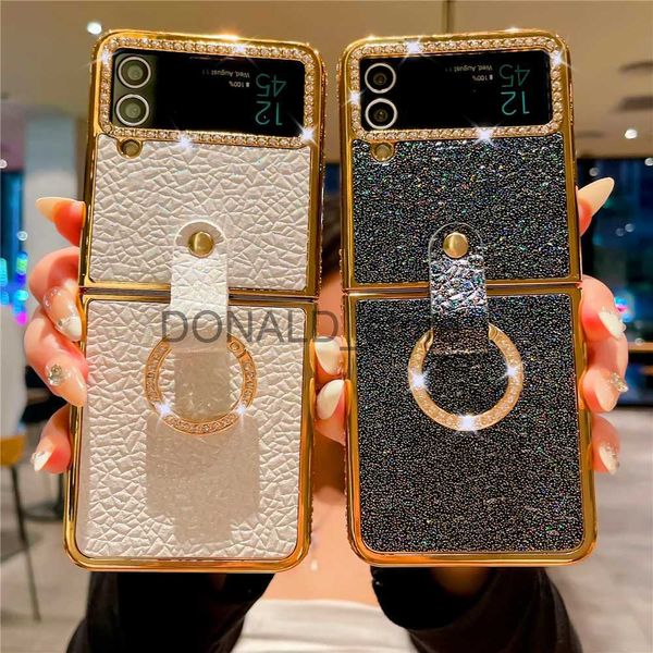 Étuis de téléphone portable Placage de luxe Gold Bling Diamond Ring Cover pour Samsung Galaxy Z Flip 3 Flip 5 Étui en cuir pailleté pour Samsung Galaxy Z Flip 4 J231206