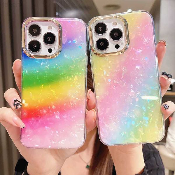 Étuis de téléphone portable Étui de téléphone à paillettes de luxe Rainbow Shell pour iPhone 14 Pro Max 13 12 11 XS X XR 7 8 Plus SE 2020 Couverture antichoc à imprimé léopard L230731