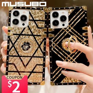 Cajas de teléfonos celulares Musubo Luxury Gold Case para iPhone 14 13 Pro 12 Pro Max 11 XR Cubierta Soporte Anillo Fundas iPhone XR Xs Max 8 Plus SE Coque Capa Marca L230731